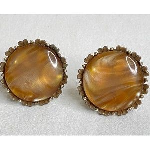 Signed Earrings Large Amber Stone Button Clip On